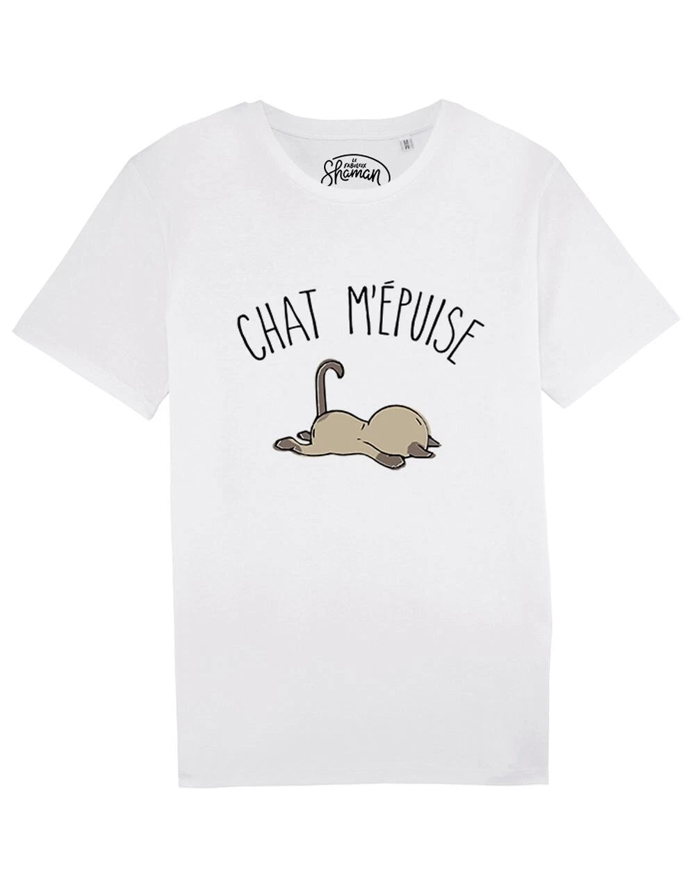 Mens T-Shirt Short Sleeve White Cotton Graphic Design CHAT M'EPUISE S 2XL