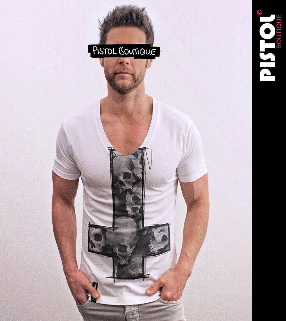 Pistol Boutique Men's White Fitted Deep V neck SKULL SKETCH CROSS T-shirt