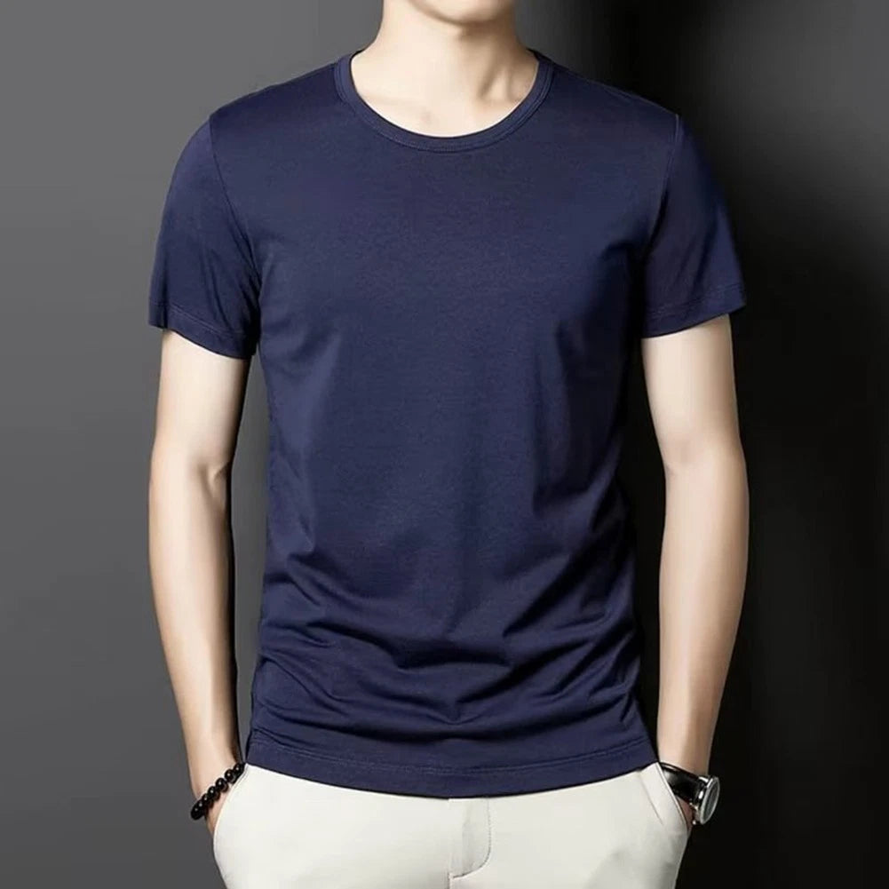 Stylish Men's Bottoming Tee Round Neck Pullover Short sleeved Solid Color