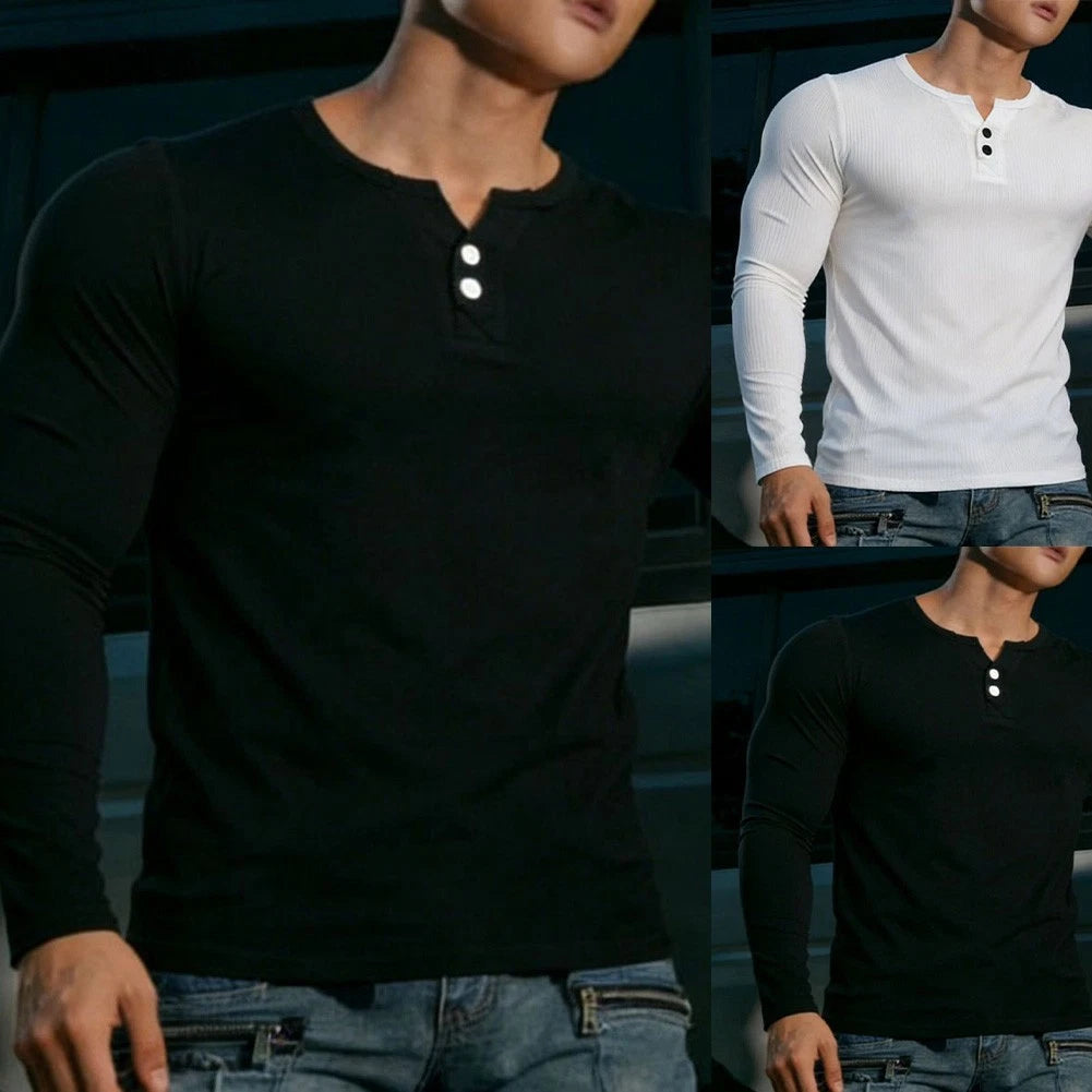 Men's Slim Fit Long Sleeve V Neck T-Shirt Solid Color Casual Top for Daily Wear