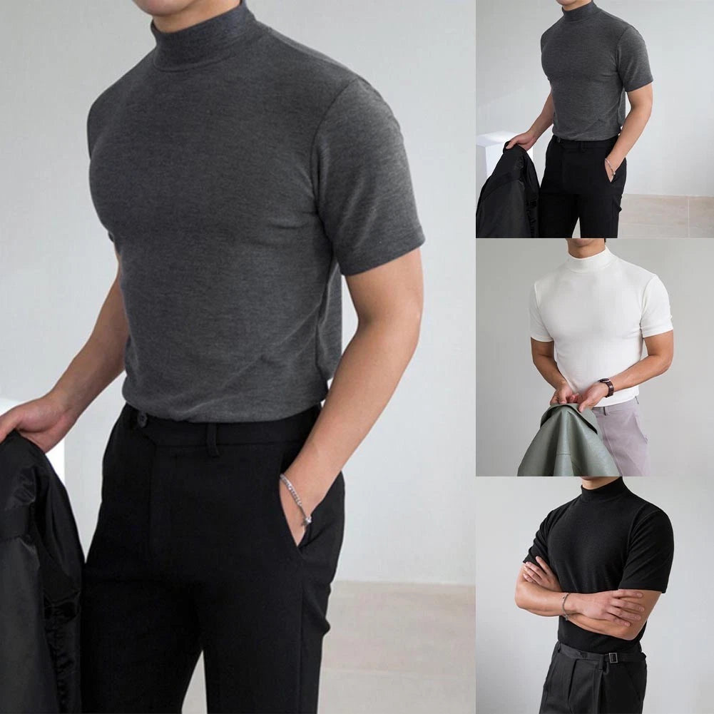 Breathable Men's Slim Fit T Shirt Half High Neck Short Sleeve Casual Daily Wear