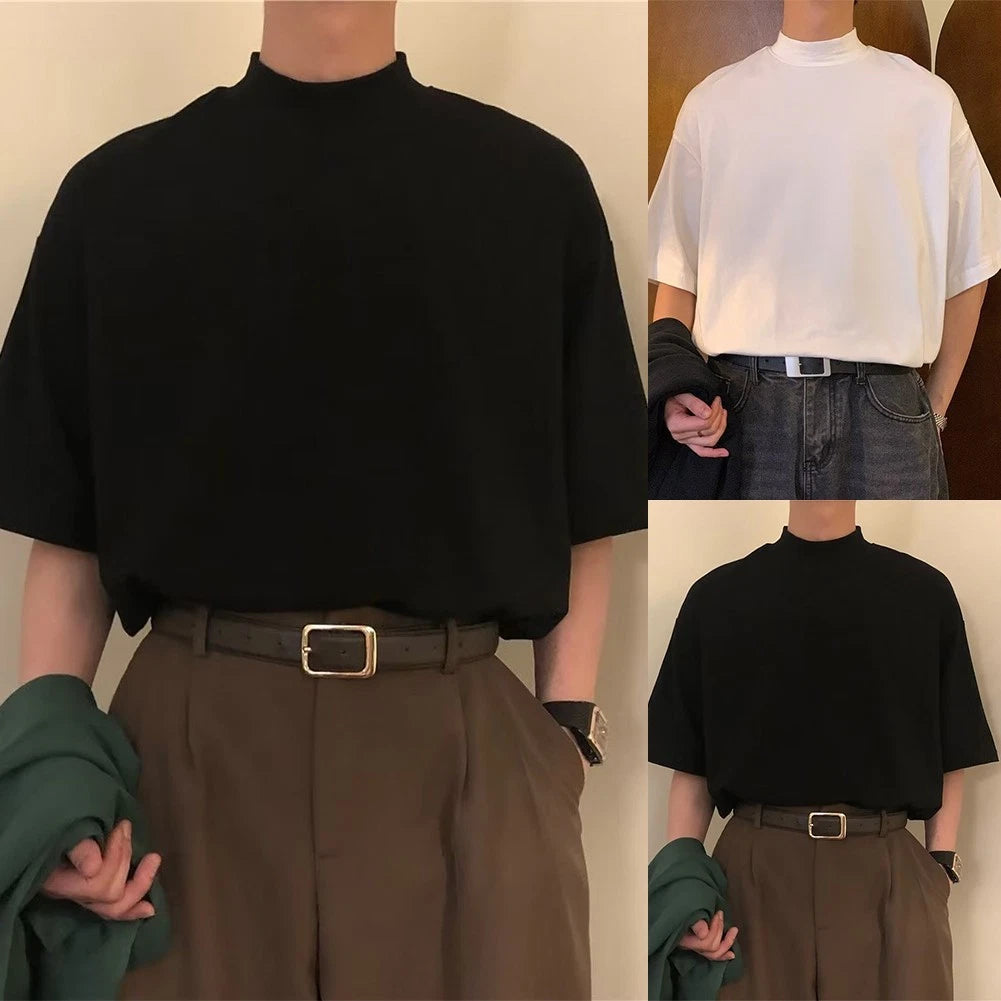 Relaxed Fit Mens Undershirt with Stylish Half Turtleneck and Short Sleeves