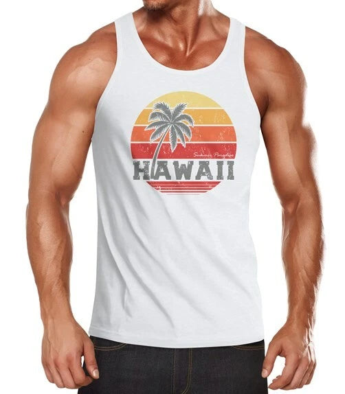 Mens Tank Top Hawaiian Palm Tree Tropical Summer Retro Slim Fit Cotton