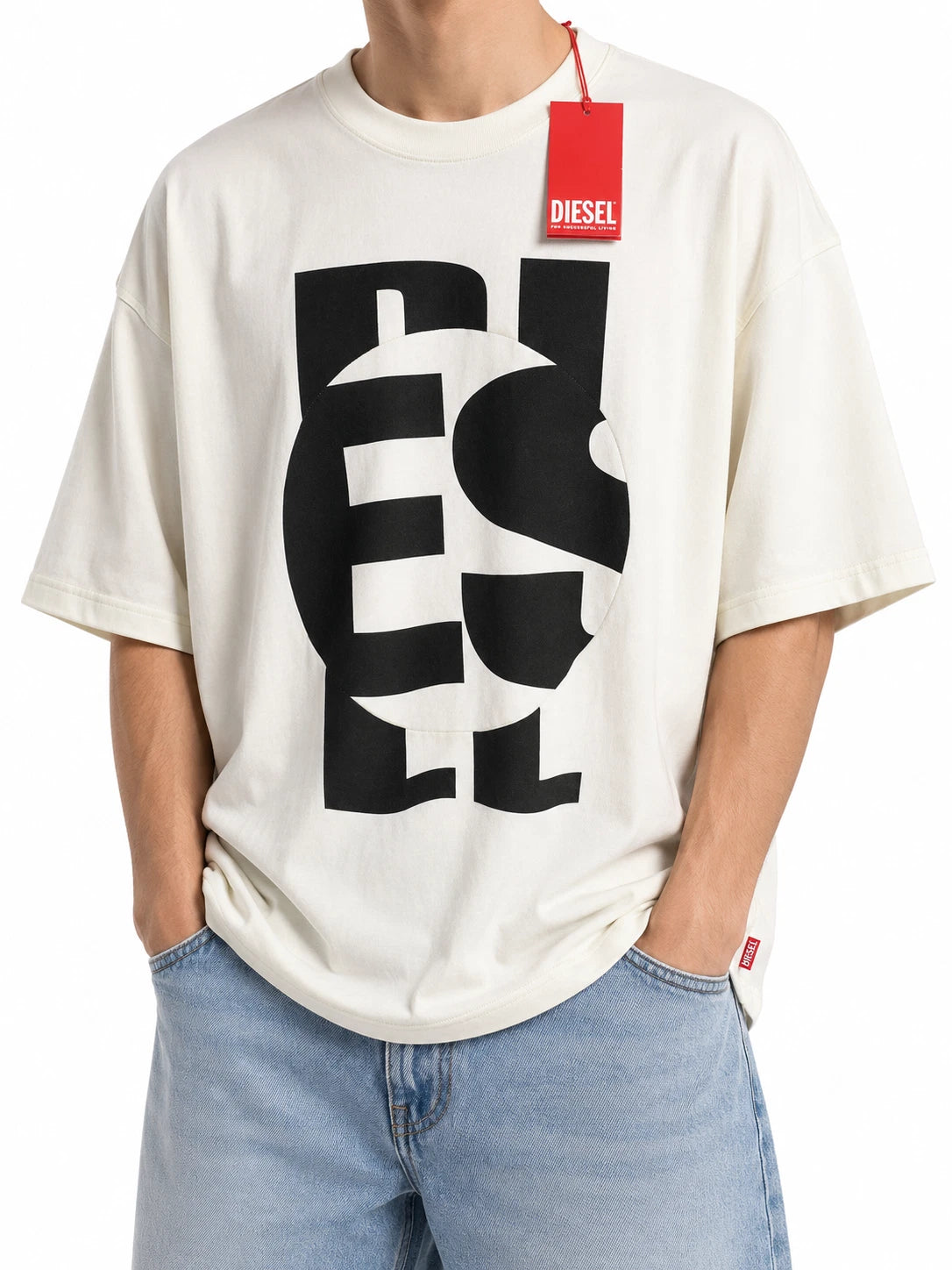 DIESEL T-Boxt-Circle Men T-Shirt L White Oversized Crew Neck Short Sleeved
