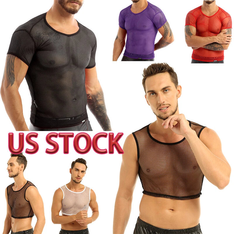 Men See Through Mesh Sheer T-Shirt Top Clubwear Fishnet Undershirts Blouse