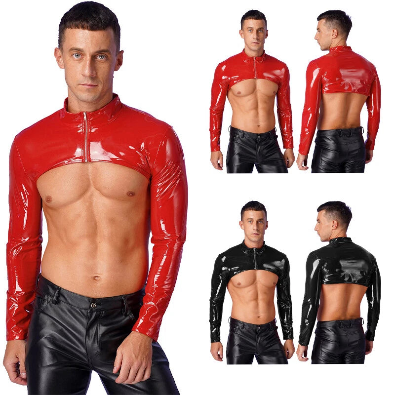 Men Long Sleeve Leather Crop Top Front Zipper Arm Sleeve Shrug Nightclub Costume