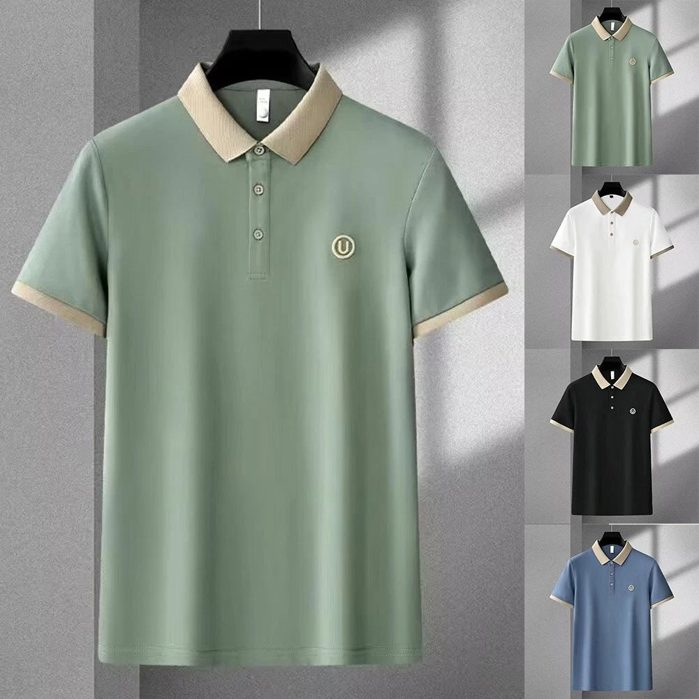 Men's Short Sleeve T-Shirt with Lapel Collar and Slight Stretch for Daily Wear