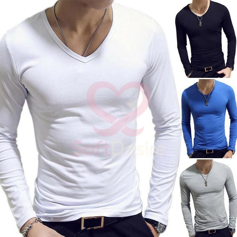 Men Long Sleeve Slim Fit V-Neck Sports Bodybuilding T-shirt Tops Basic Tee C2UK