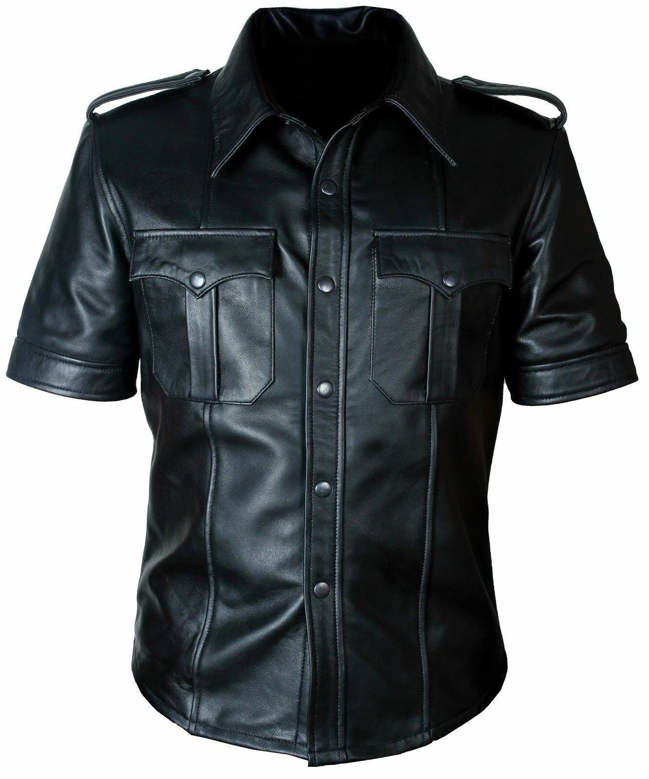 STYLISH New Men's Black Short Sleeve Shirt 100% Soft Lambskin Style SlimFitShirt
