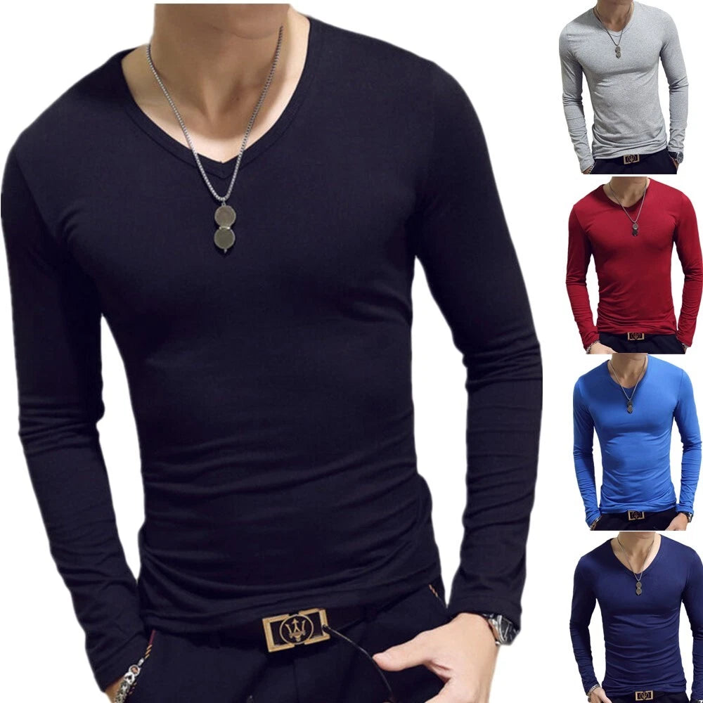 Mens V-Neck Slim Fit T-shirt Long Sleeve Undershirt Gym Muscle Tee Tops AU
