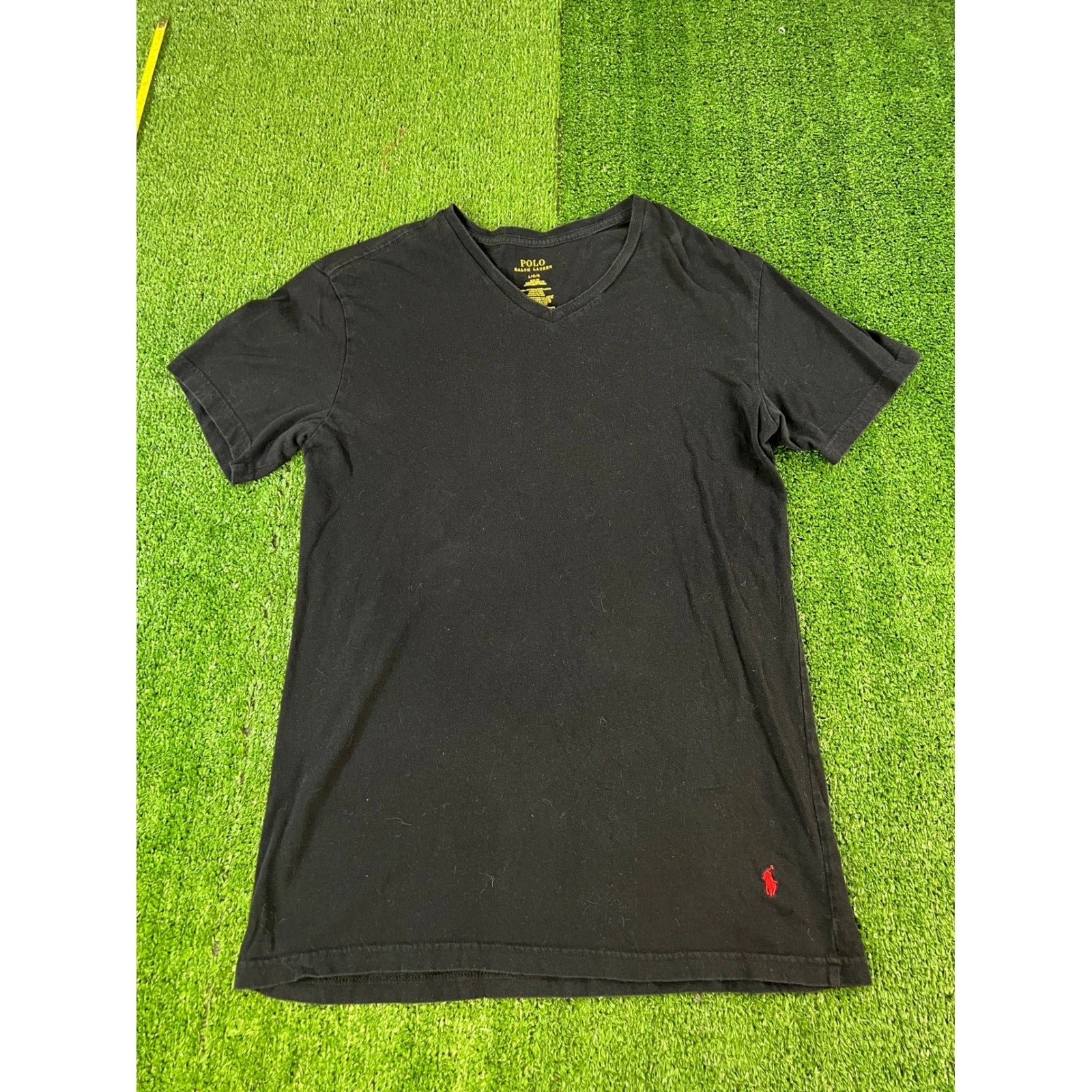 Polo Ralph Lauren Mens Slim Fit V-Neck T-Shirt Black Red Pony Logo Large LG