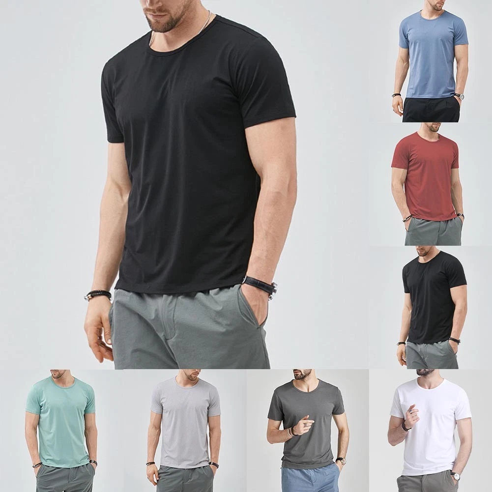 Polyester Solid Color Men T-Shirt O-Neck Short Sleeve Slim Fit Top Black