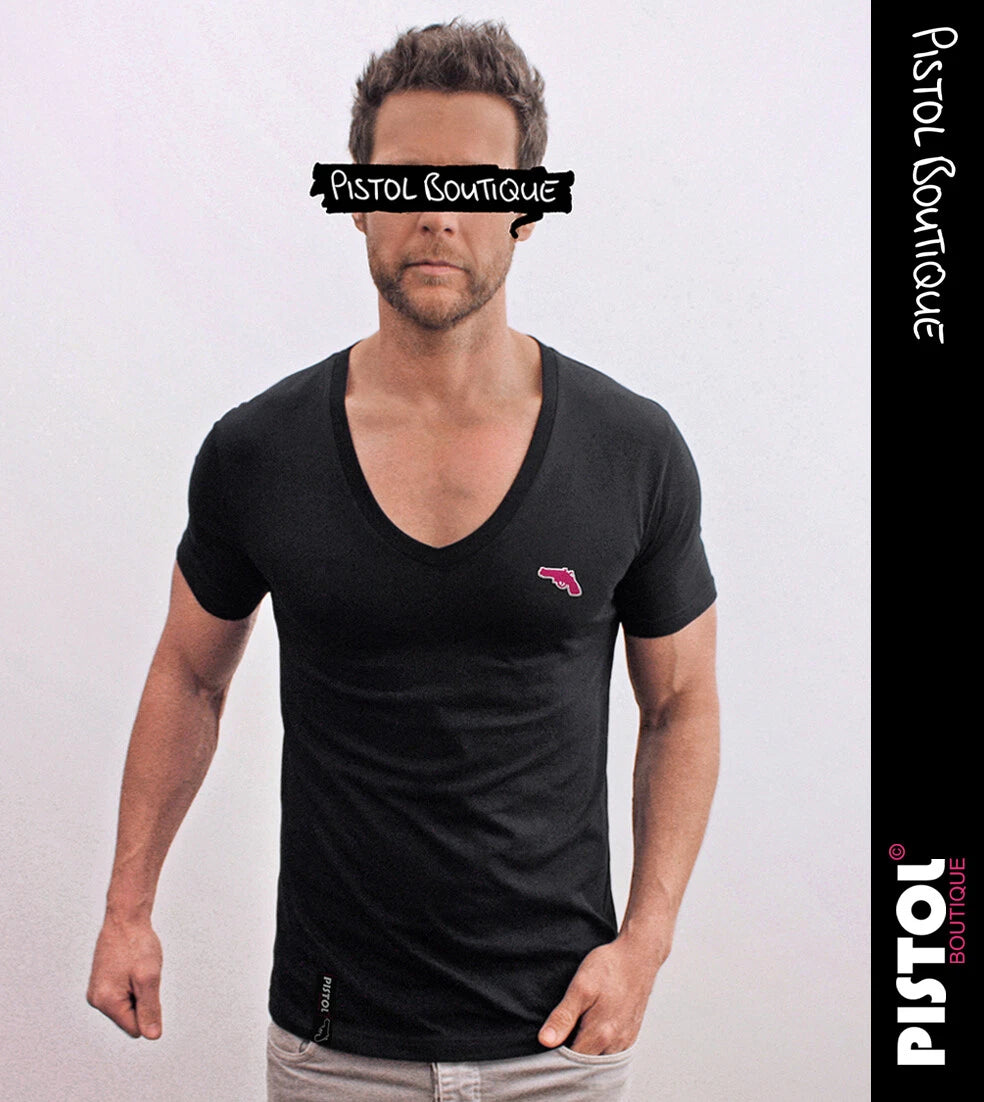 Pistol Boutique Herren Slim Fit Schwarzes T-Shirt V-Ausschnitt Logo Badge
