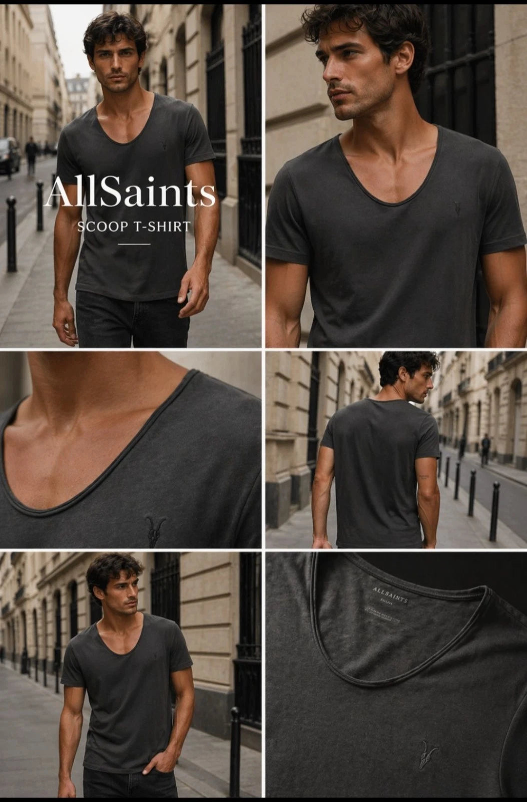 All Saints Men’s Carter Grey Scoop Tonic Neck T-Shirt. Various Sizes BNWT