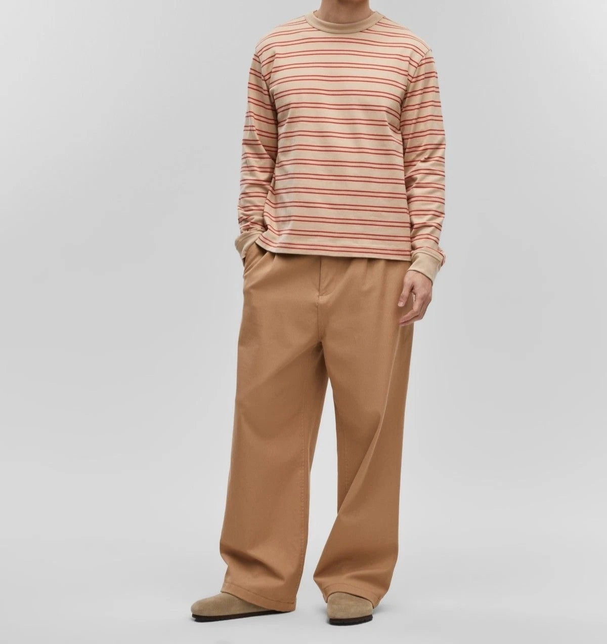 Mode Of One Mens Long Sleeve Relaxed Stripe TShirt Cinnamon Brulee Size S NWT