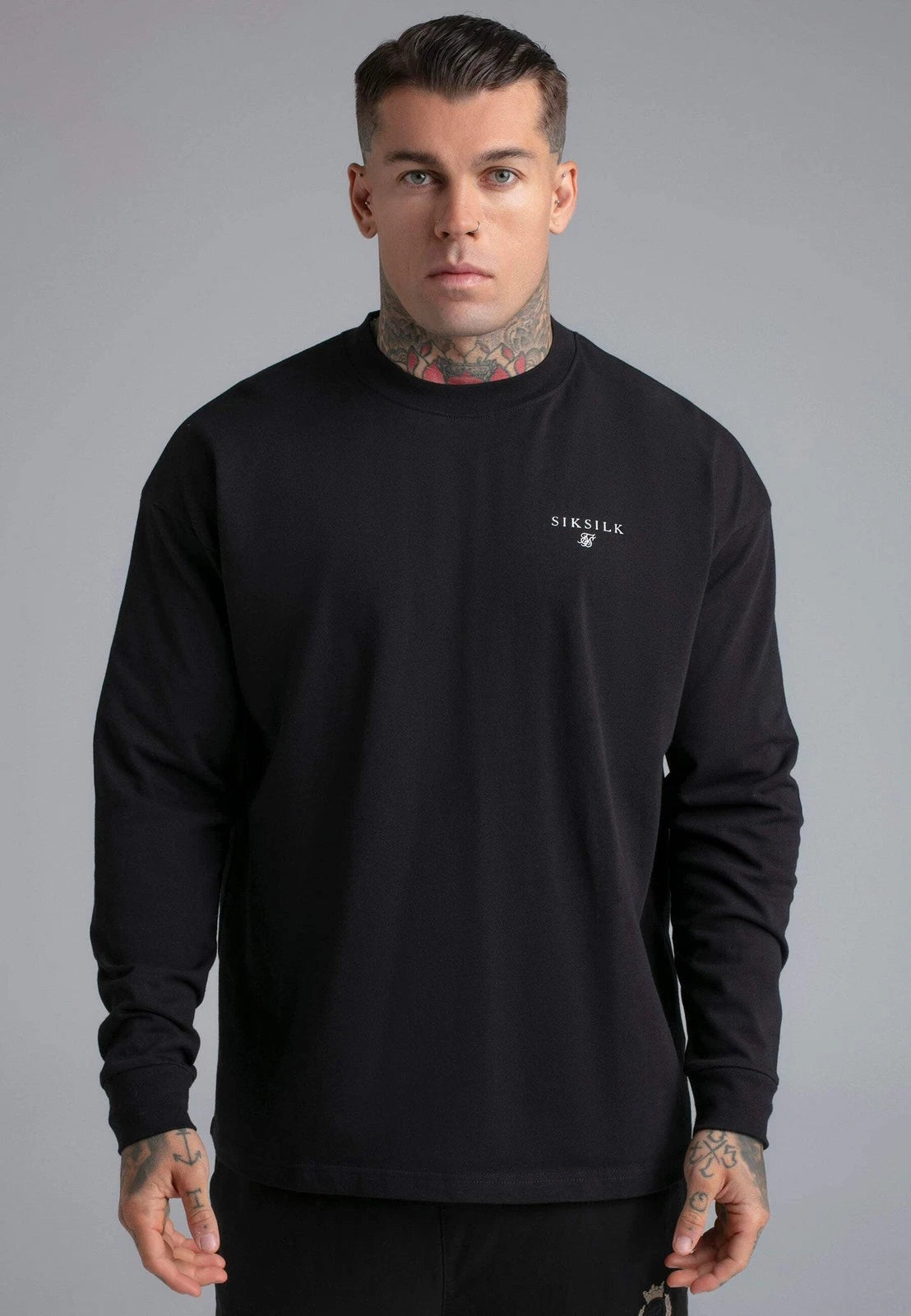 SikSilk Men's Oversized Fit Crew Neck Long Sleeve T-Shirt Tee Black