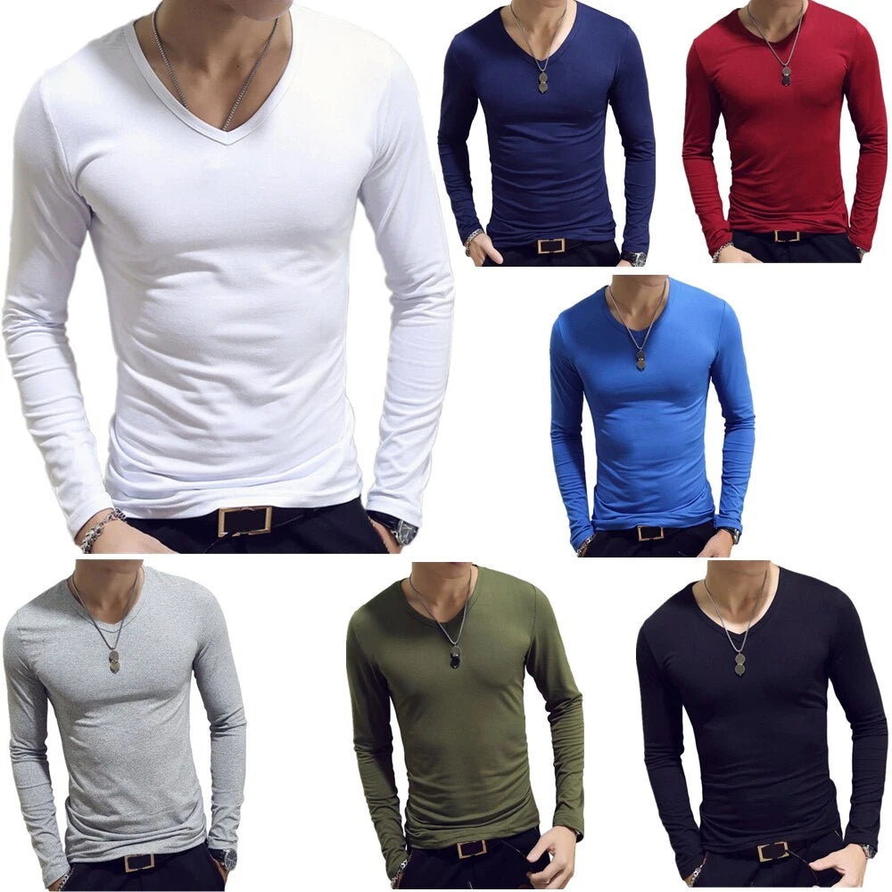 Men's Slim Fit Undershirt Long Sleeve V Neck Solid Color T-shirts Casual AU