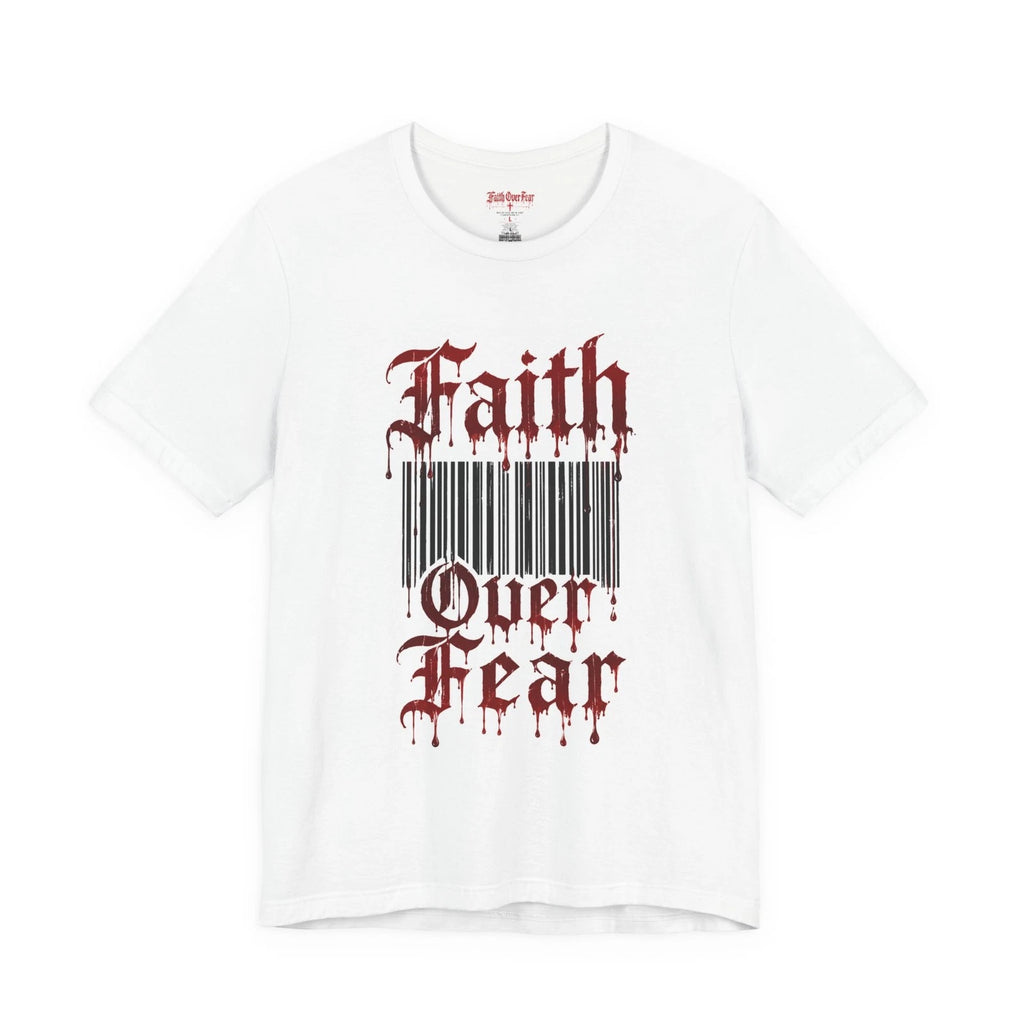 Faith Over Fear T-Shirt | Gothic Script Cross Barcode Design