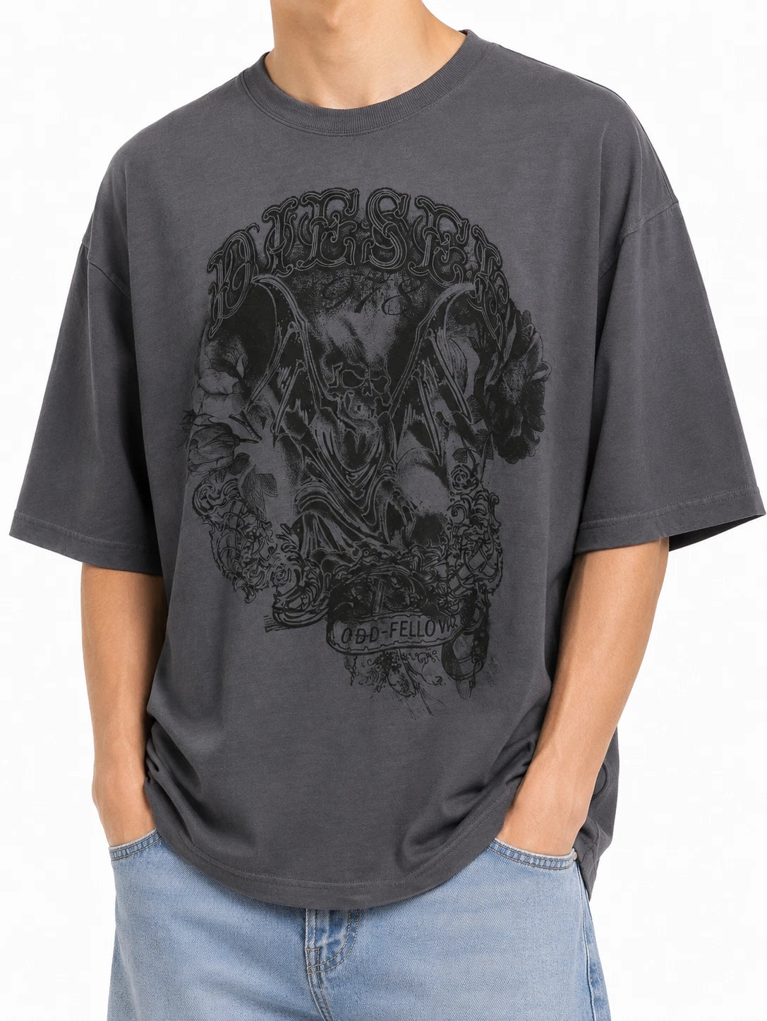 DIESEL T-Wash-Q1 Men T-Shirt L Grey Faded Patterned Oversized Short Sleeve