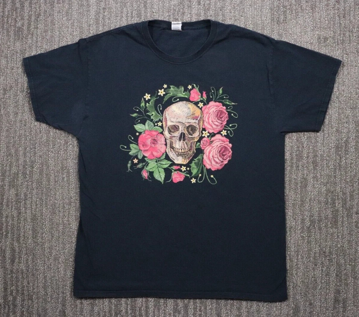 Embroidered Skull Graphic Print Shirt Men L Black Floral Gothic Whimsical Trendy