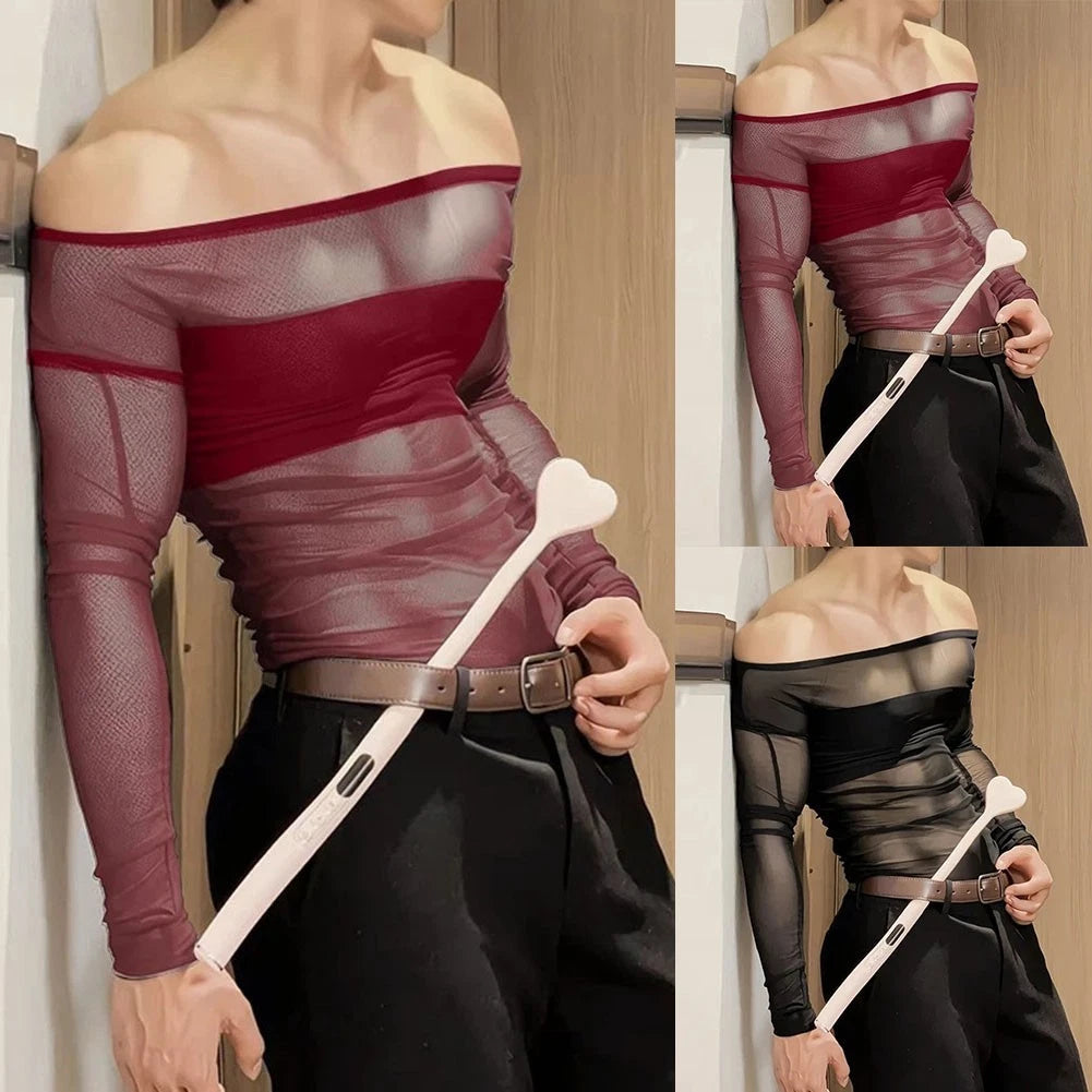 Off Shoulder Men's Sheer T Shirt Polyester Mesh Splicing Top for Daily Wear