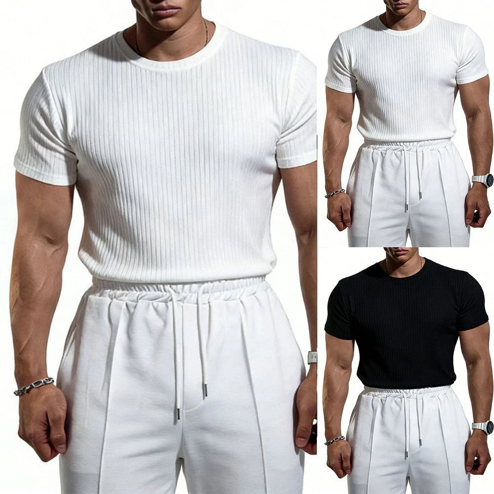 Men For Slim Fit Short Sleeve Ribbed T-Shirt Crew Neck for Workout and Training