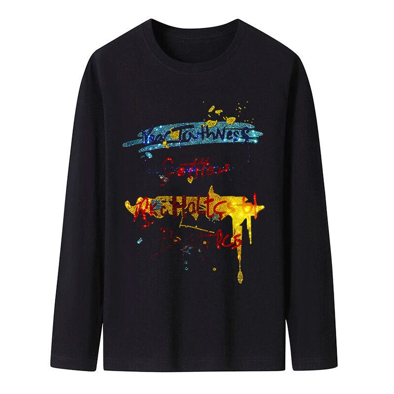New Men Luxury Diamond Rhinestones Fashion Black T-Shirt High Quality 8 Styles
