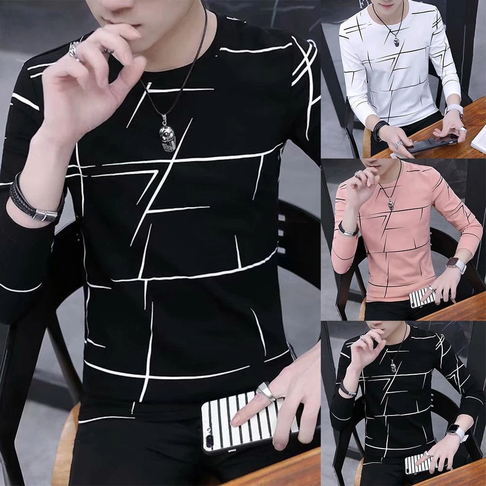 Men T-Shirt Blouse Pullover Slim Fit Spring Clothing T Print Bottoming Shirt