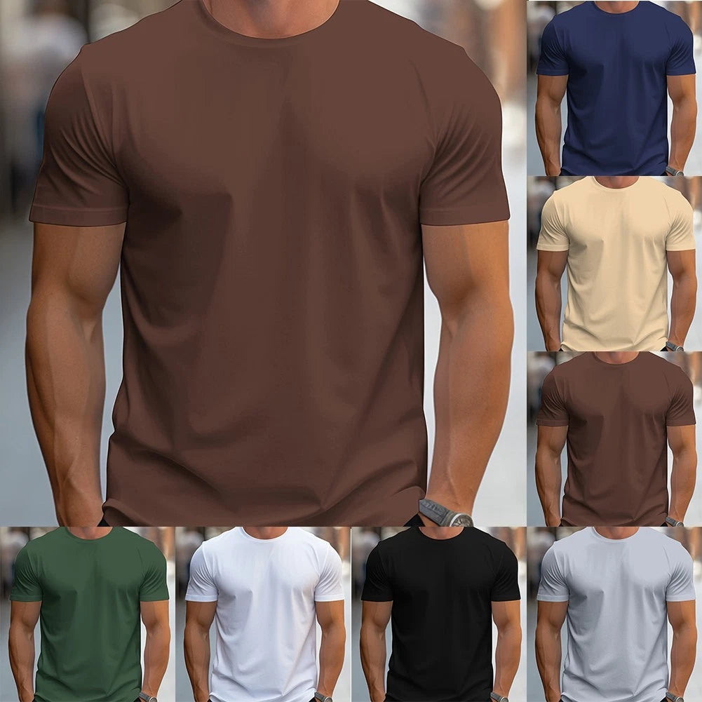 Mens Polyester Gym T Shirt Slim Fit Muscle Top Round Neck Short Sleeve Quick Dry