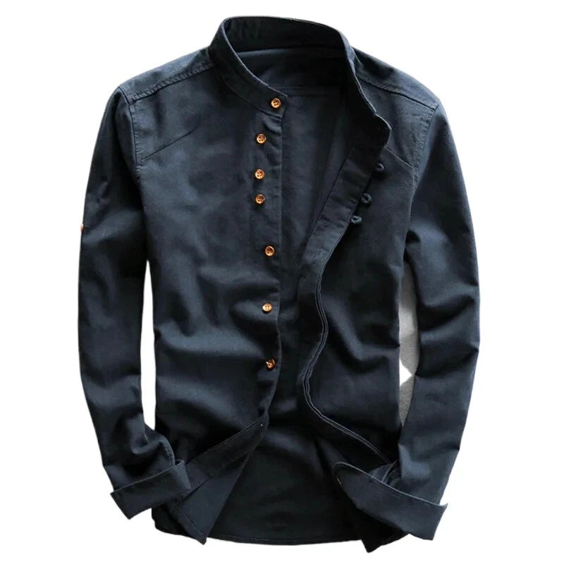 Japanese Style Cotton Linen Shirt Slim Fit Stand Collar Long Sleeve Casual Top