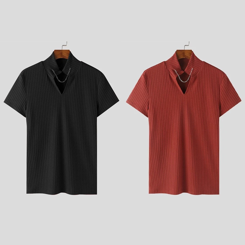 Mens Knitted U Neck Casual T Shirt Short Sleeve for Fashionable Appearance