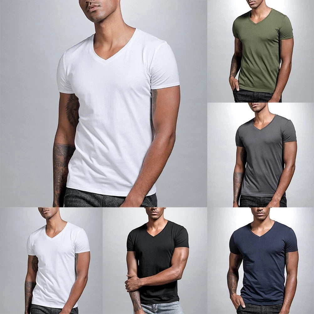 Men's Casual Polyester V Neck Short Sleeve T Shirt for Fitness and Daily Wear