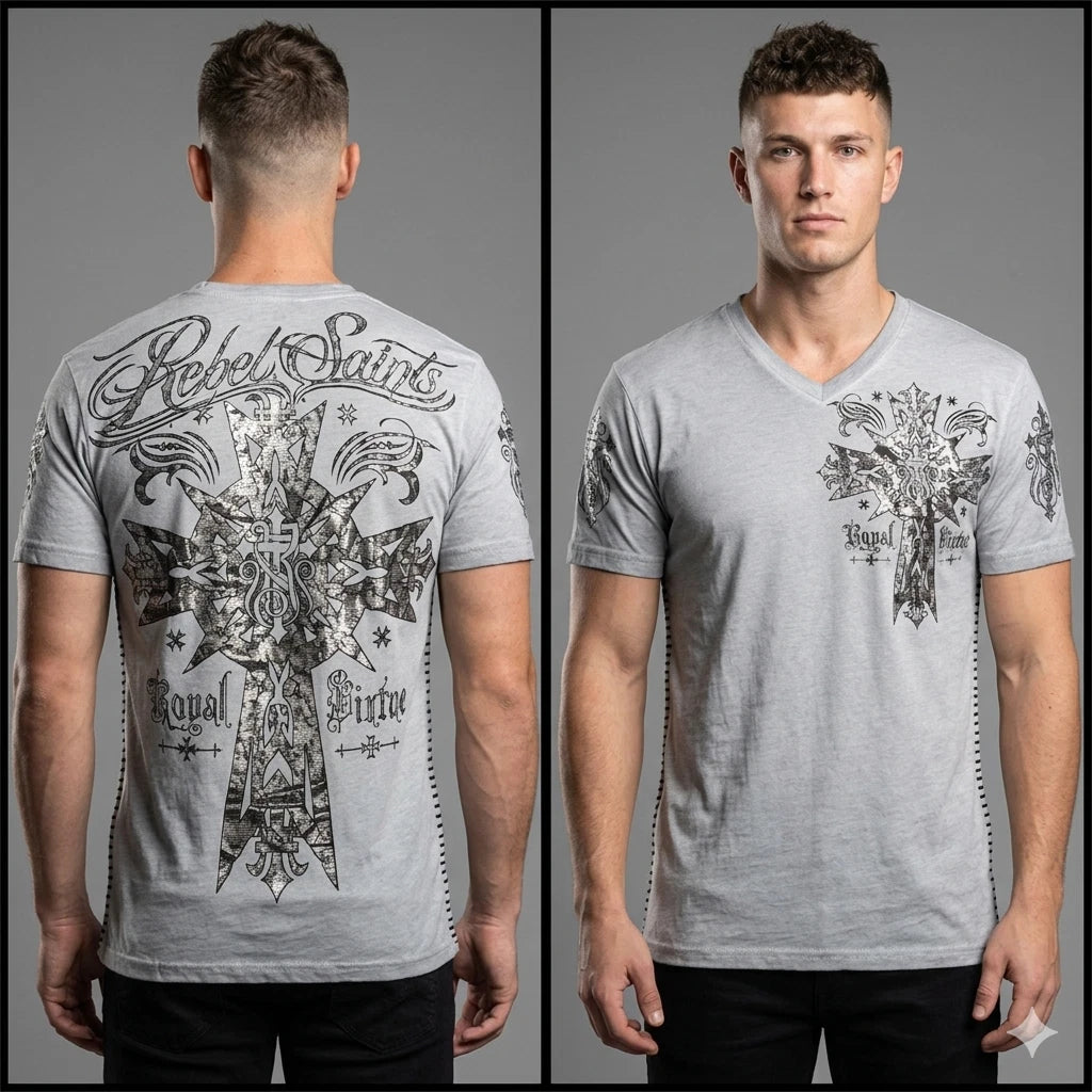 REBEL SAINTS by AFFLICTION Grey Oil Stain Short Sleeve Slim Fit Y2K T-shirt NWT
