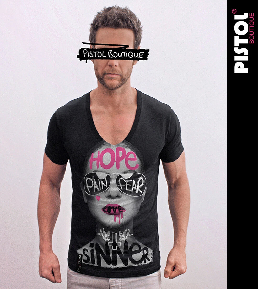 Pistol Boutique men's Black Fitted Deep V neck GRAFFITI SUNGLASSES GIRL T-shirt