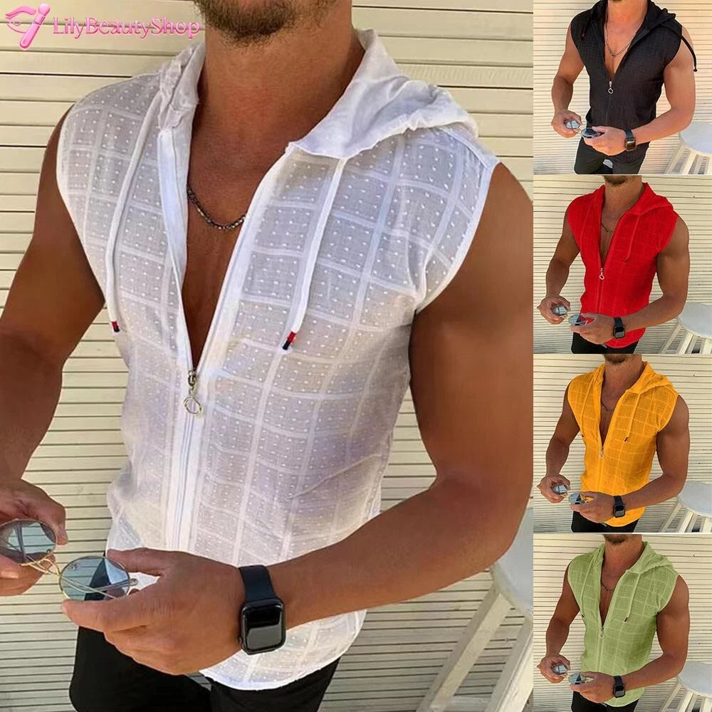 Men Sleeveless Workout Hoodie Solid Zip up Vest Gym Bodybuilding Hooded Tank Top