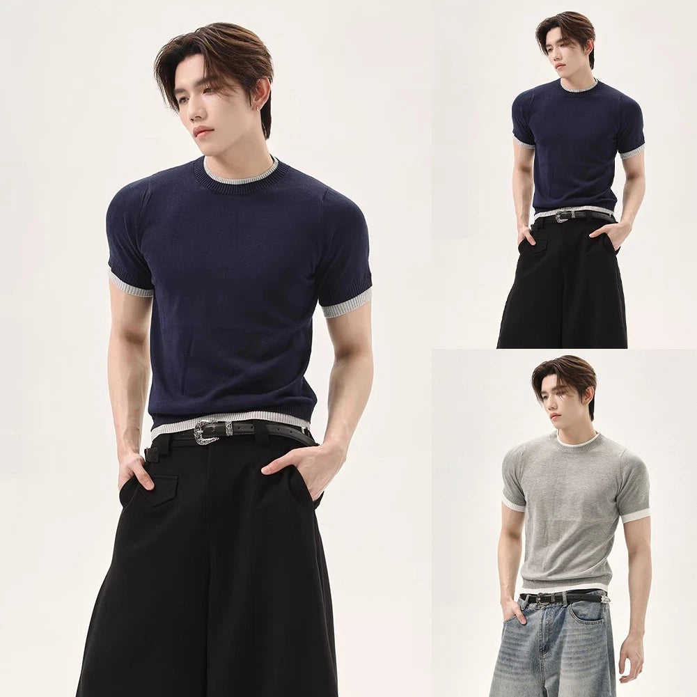 Men Knit T-shirt Casual Wear Daily Wear Summer Short Sleeve Form-fitting