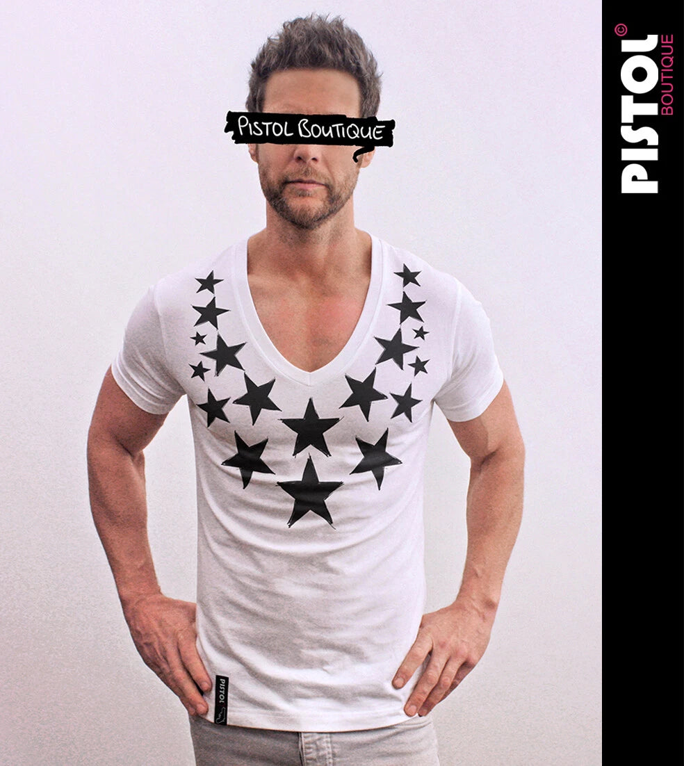 Pistol Boutique Men's Fitted White Deep V neck SKETCH CHEST STARS T-shirt