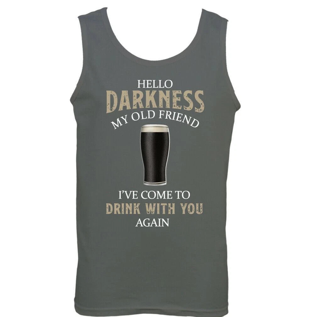 GUINESS VEST Mens Hello Darkness My Old Friend Beer Alcohol Drunk BBQ Tee Top
