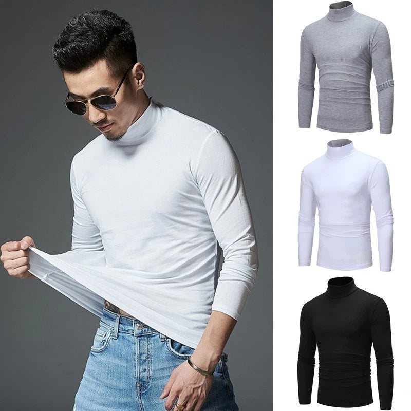 Fashionable Solid Color Men's Long Sleeve T Shirt with Turtleneck Design