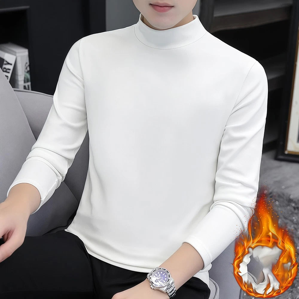 Men Fashionable Solid Color Velvet Top Long Sleeve Thin High Neck for Outdoors