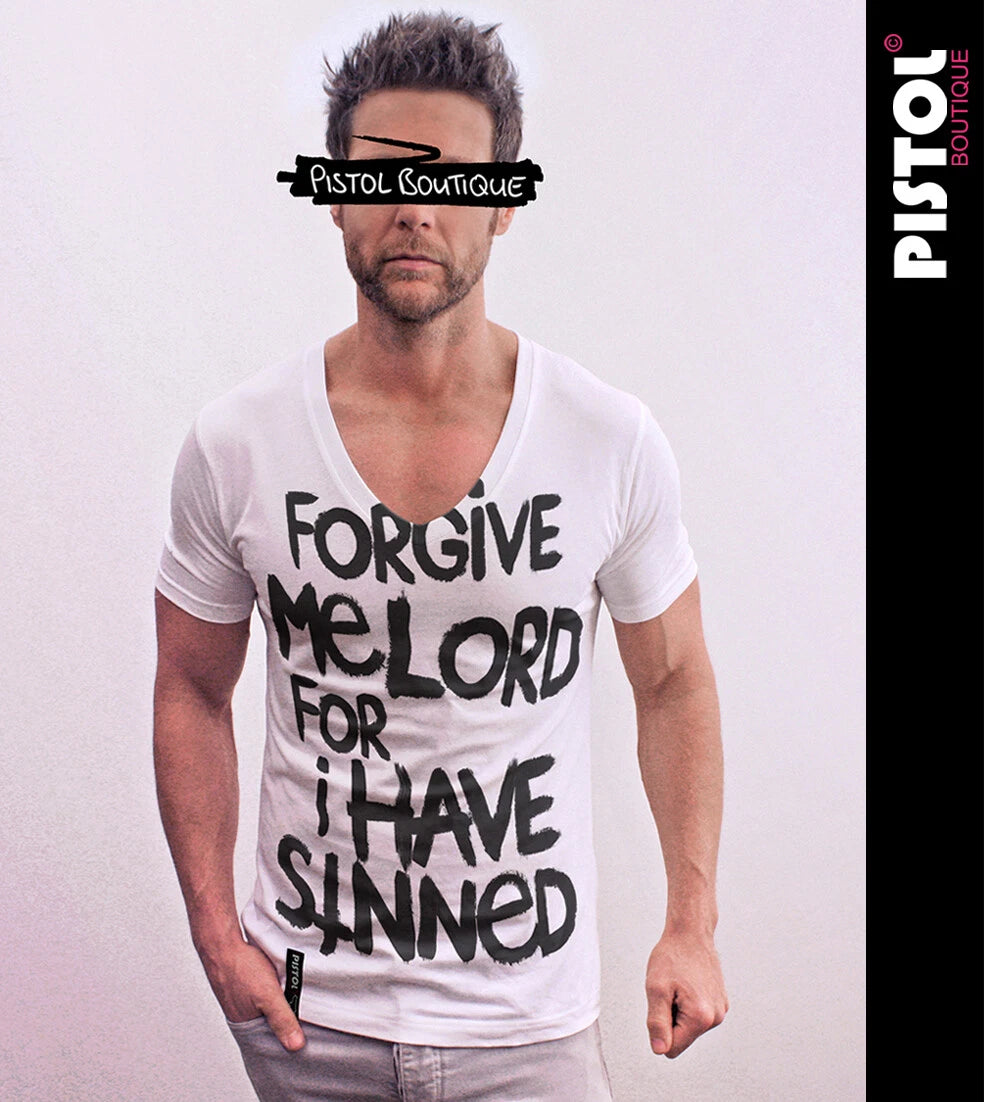 Pistol Boutique Herren Slim Fit Weißes T-Shirt Deep V-Ausschnitt FORGIVE ME LORD