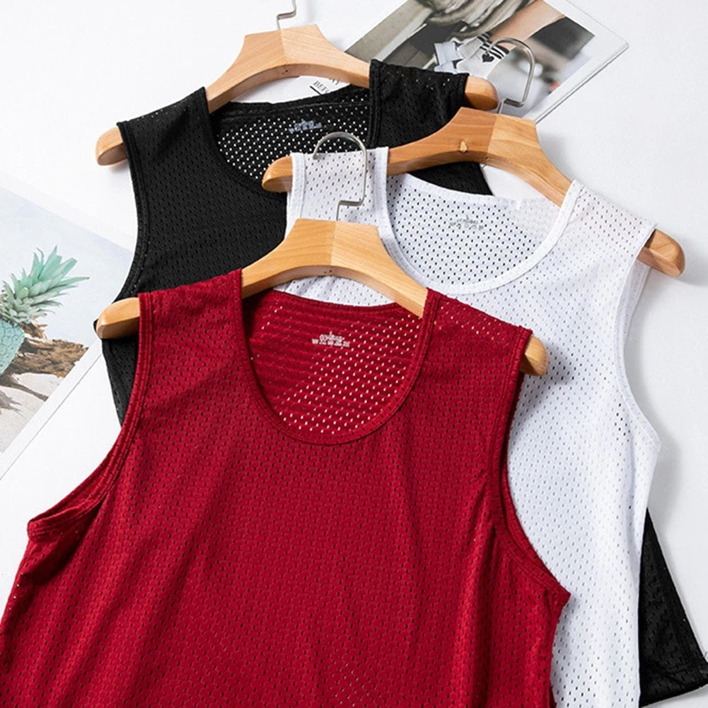 Fashionable Ice Silk Mesh Shirt for Men's Summer Workout Sleeveless Sportswear
