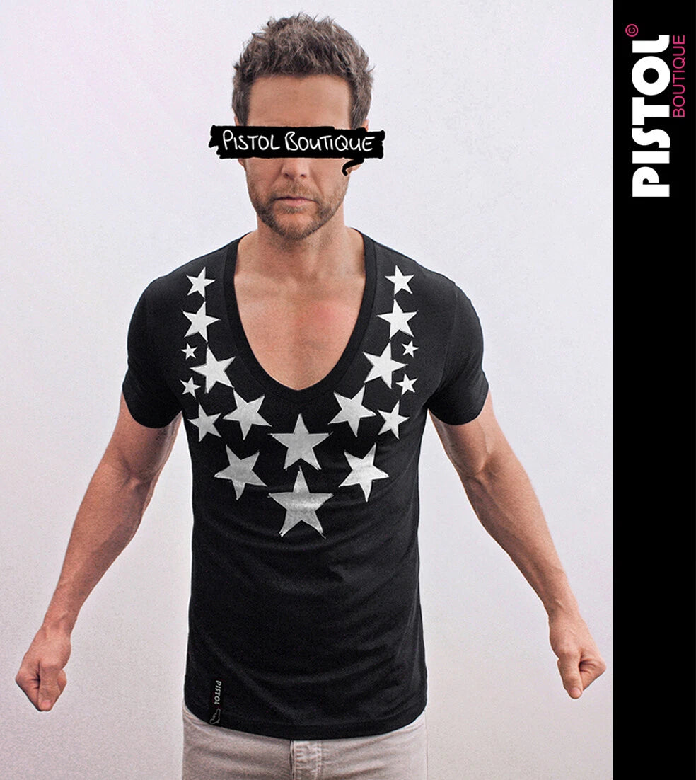 Pistol Boutique Men's Fitted Black Deep V neck SKETCH CHEST STARS T-shirt
