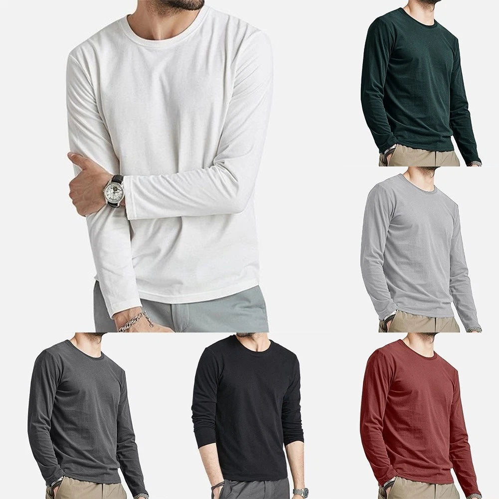 Men Long Sleeve Crew Neck T Shirt Slim Fit Casual Top Polyester Spandex Fabric