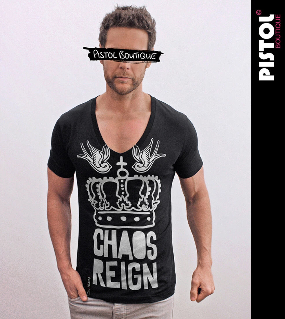 Pistol Boutique men's Fitted Black Deep V neck CHAOS REIGN SWALLOW CROWN T-shirt