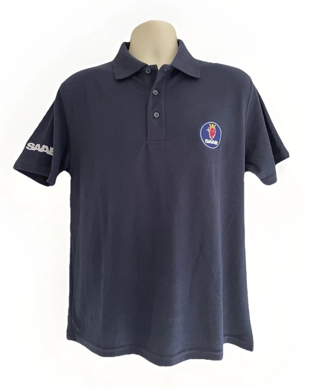 Mens Rich Cotton Polo TShirt SAAB Embroidered Chest Roundel & Sleeve Navy Blue