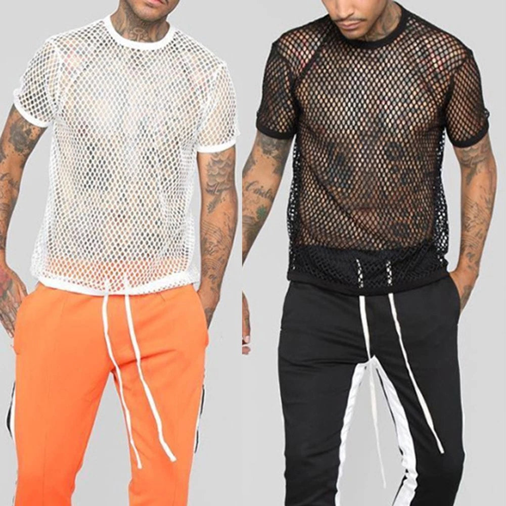 Sheer Mesh See Through Nightclub Shirts for Men Fashionable Hollow Tops