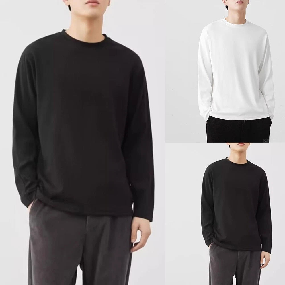 Men Casual Loose Fit Long Sleeve TShirt Solid Cotton Basic Layer for Daily Wear