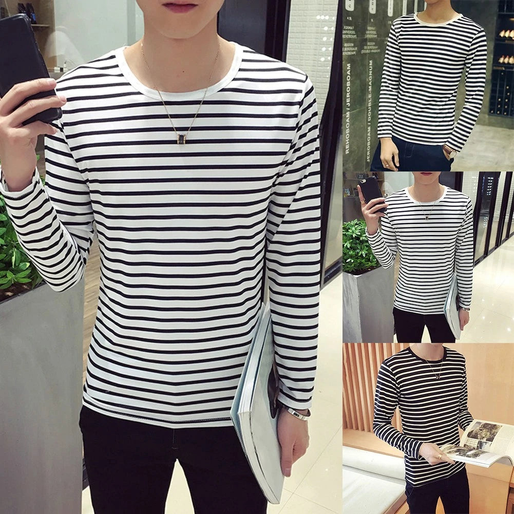 Fashionable Design Korean Casual Tops Black White Striped Regular Length T-shirt