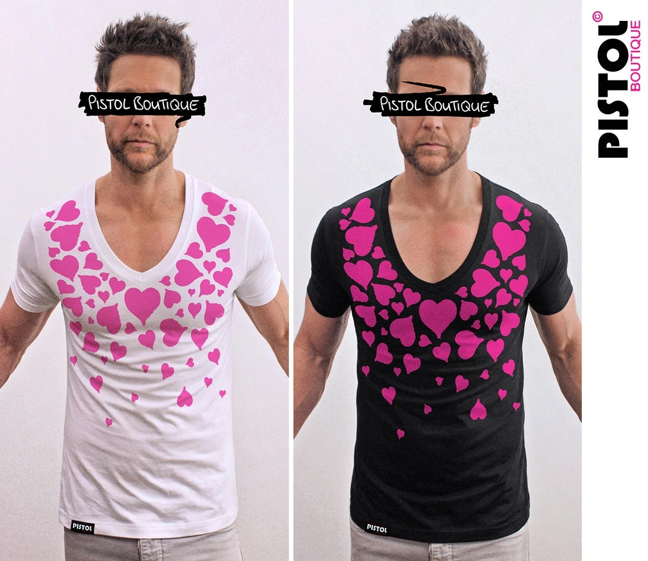 Pistol Boutique Herren Slim Fit T-Shirt Tiefem V-Ausschnitt Jersey Love
